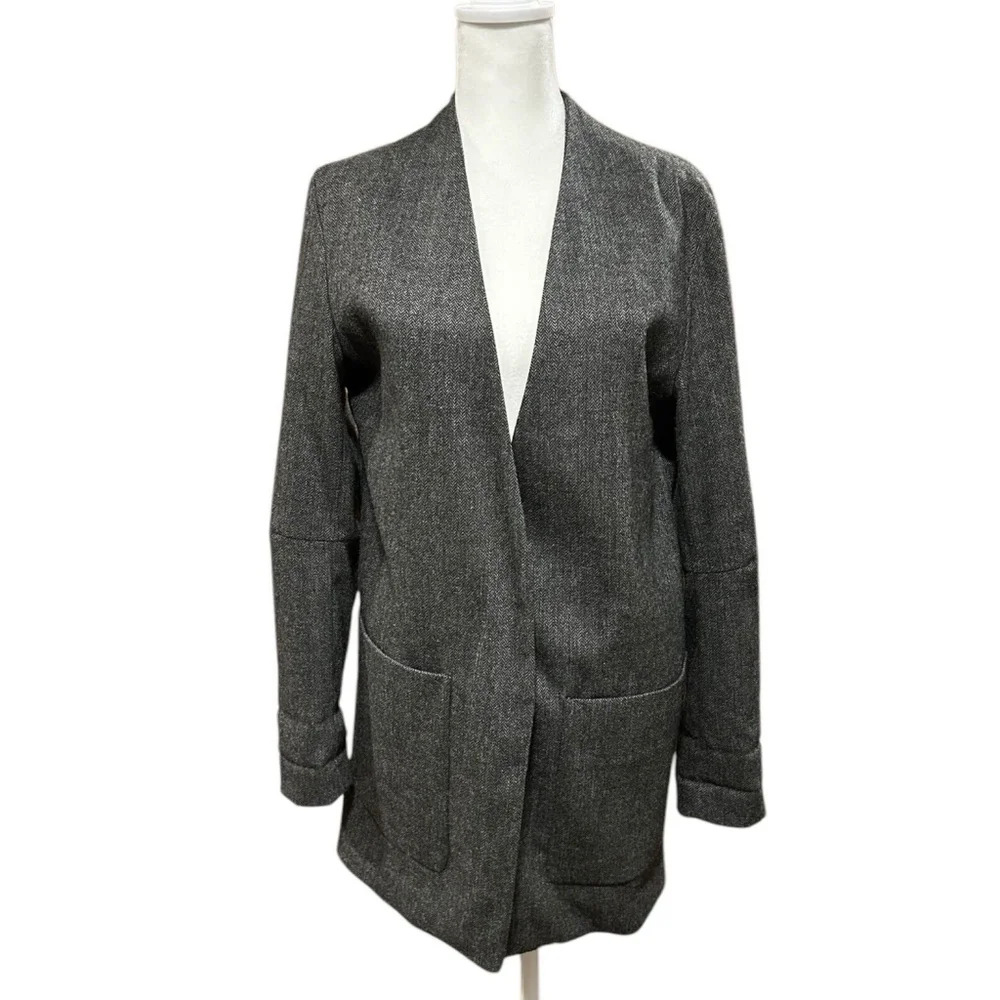 ZARA Woman XS Wool Blend Herringbone‎ Longline Collarless Boyfriend Blazer